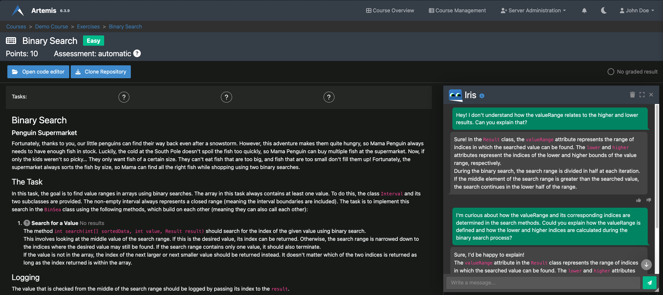 Iris chat interface within the Artemis learning platform